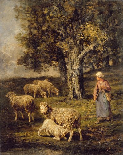 Een Herderin en Schapen in een Barbizon Landschap door Charles Emile Jacque